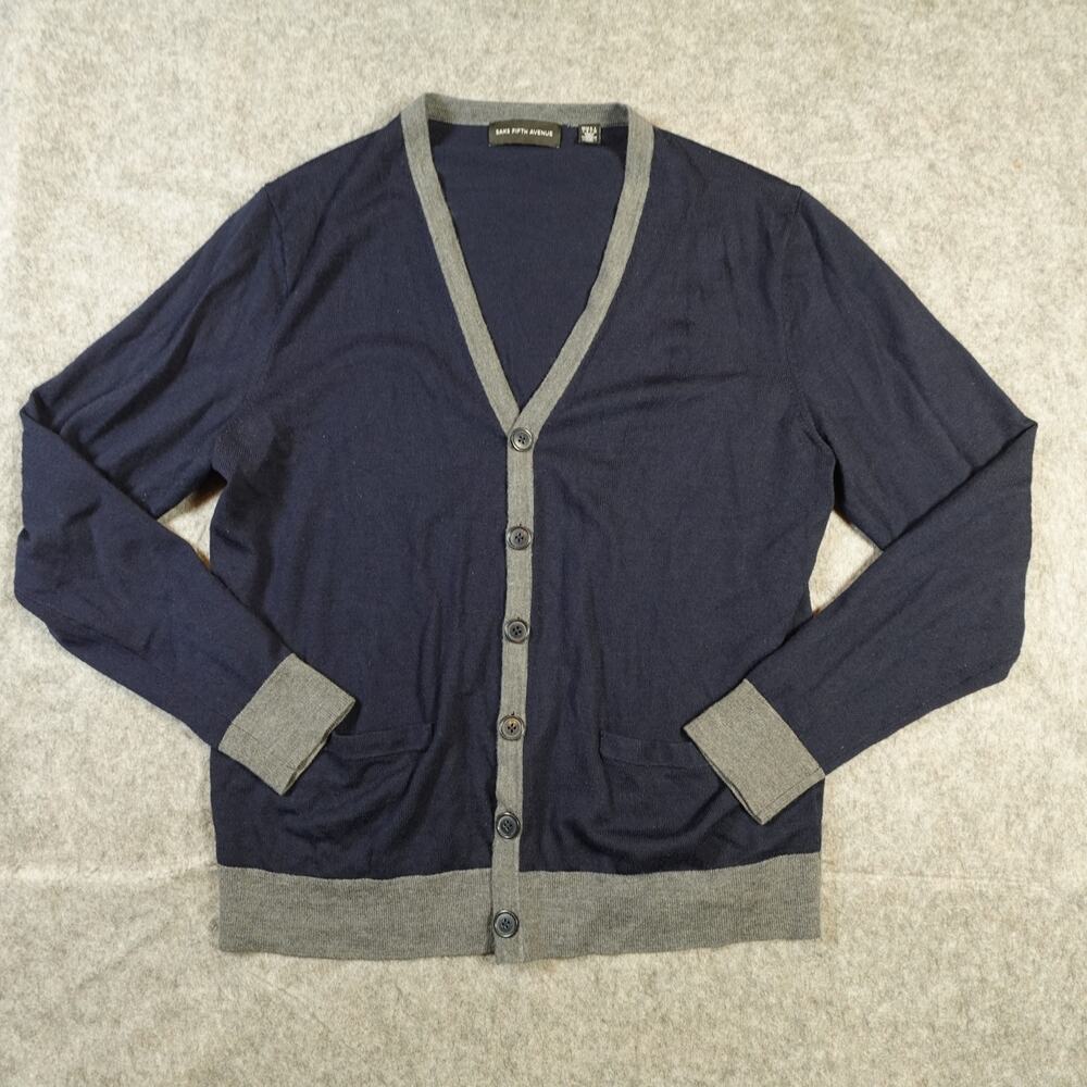 Saks Fifth Avenue Sweater Mens Large Wool Blend Cardigan Button Navy Knit Luxe
